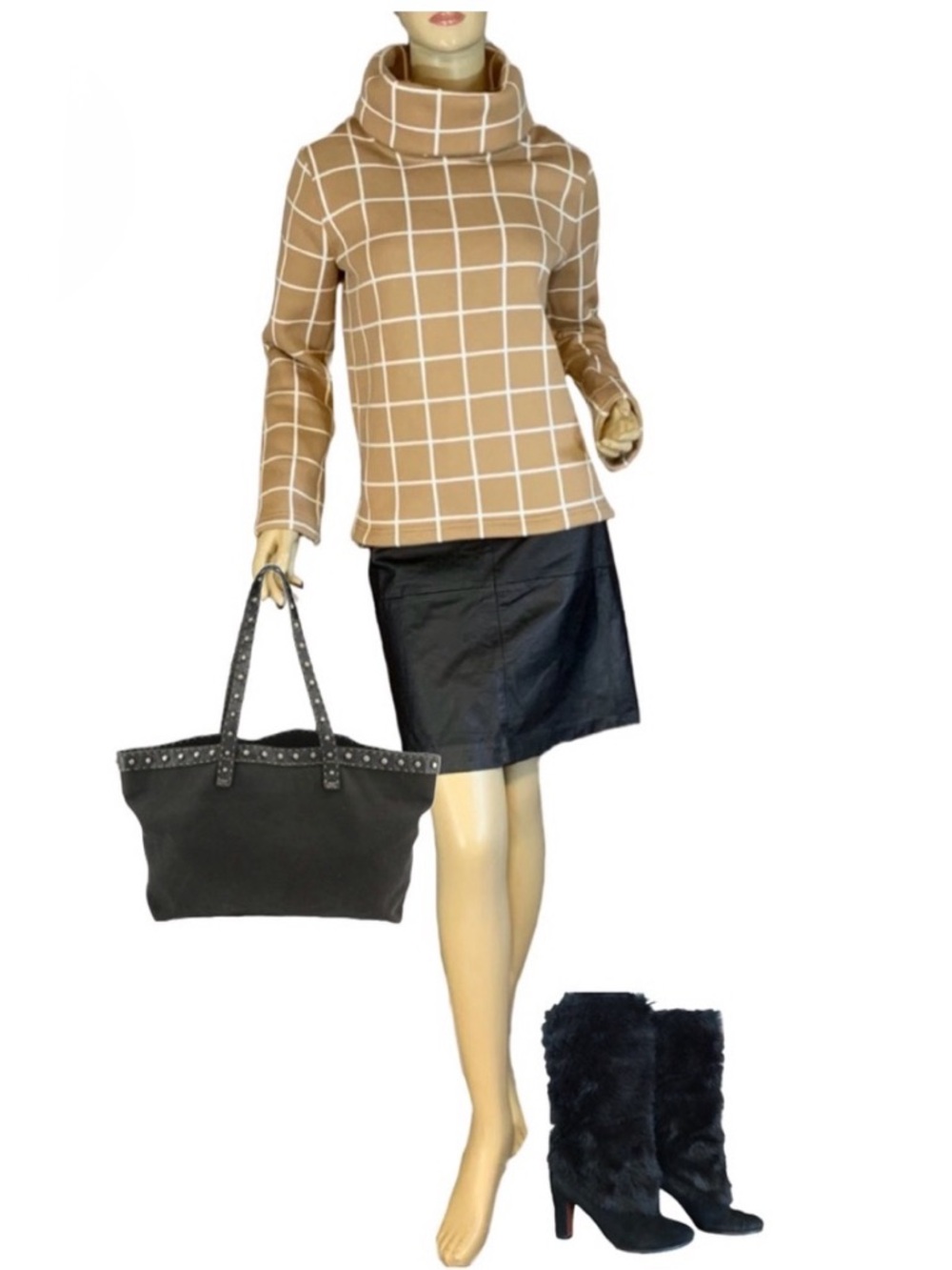 J. CREW TAN & WHITE SQUARE PATTERN COWL NECK PULL OVER SWEATER (S)